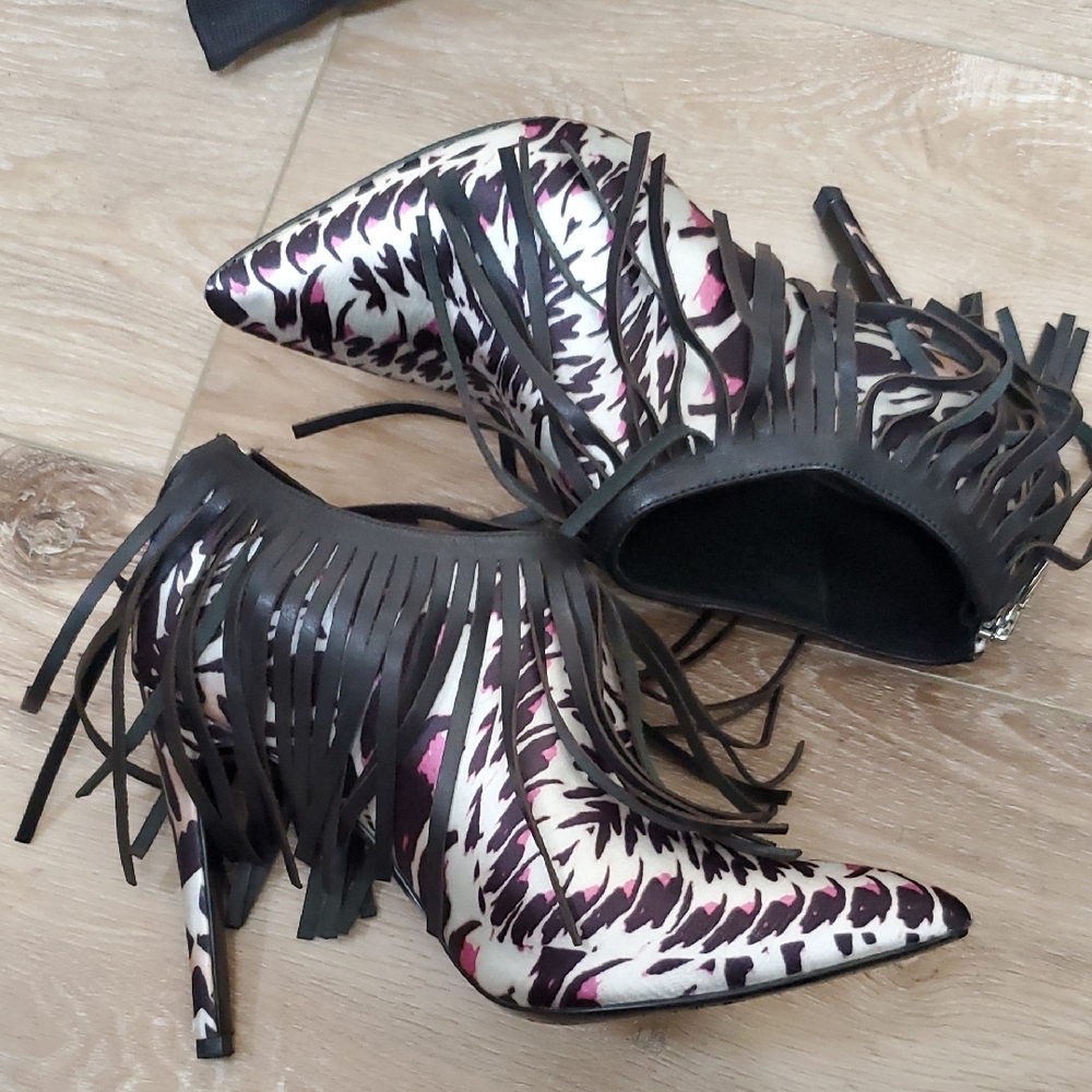 Just Cavalli Black and Purple Satin Boot With Black Leather Fringe Overlay - Picture 1 of 8